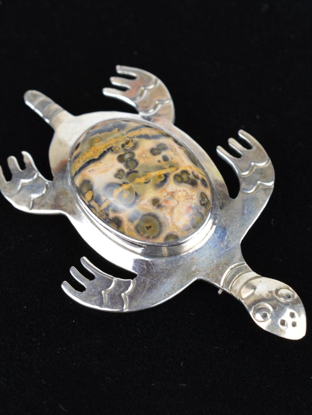 VTG Mexico 925 Sterling Silver Sea Turtle Brooch Leopard Jasper Pin CII 14.8g